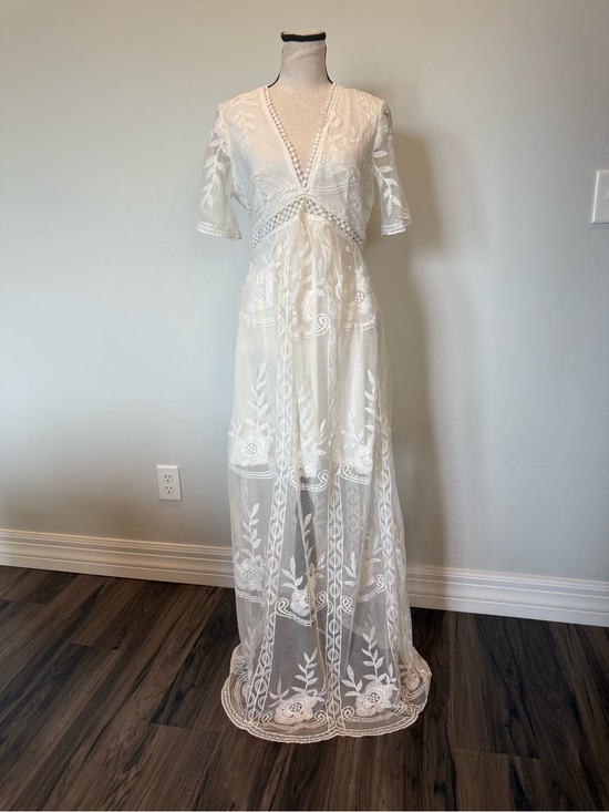 Dresses & Skirts - Boho White Embroidered Lace Maxi Dress Sheer Mesh Overlay Cottagecore Medium